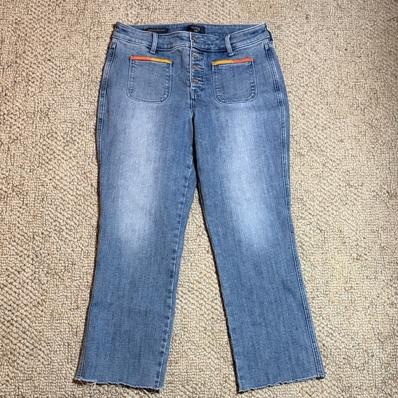 NYDJ Denim - NYDJ Blue Straight Leg Ankle Length Jeans with Colorful Accents and Raw Hem